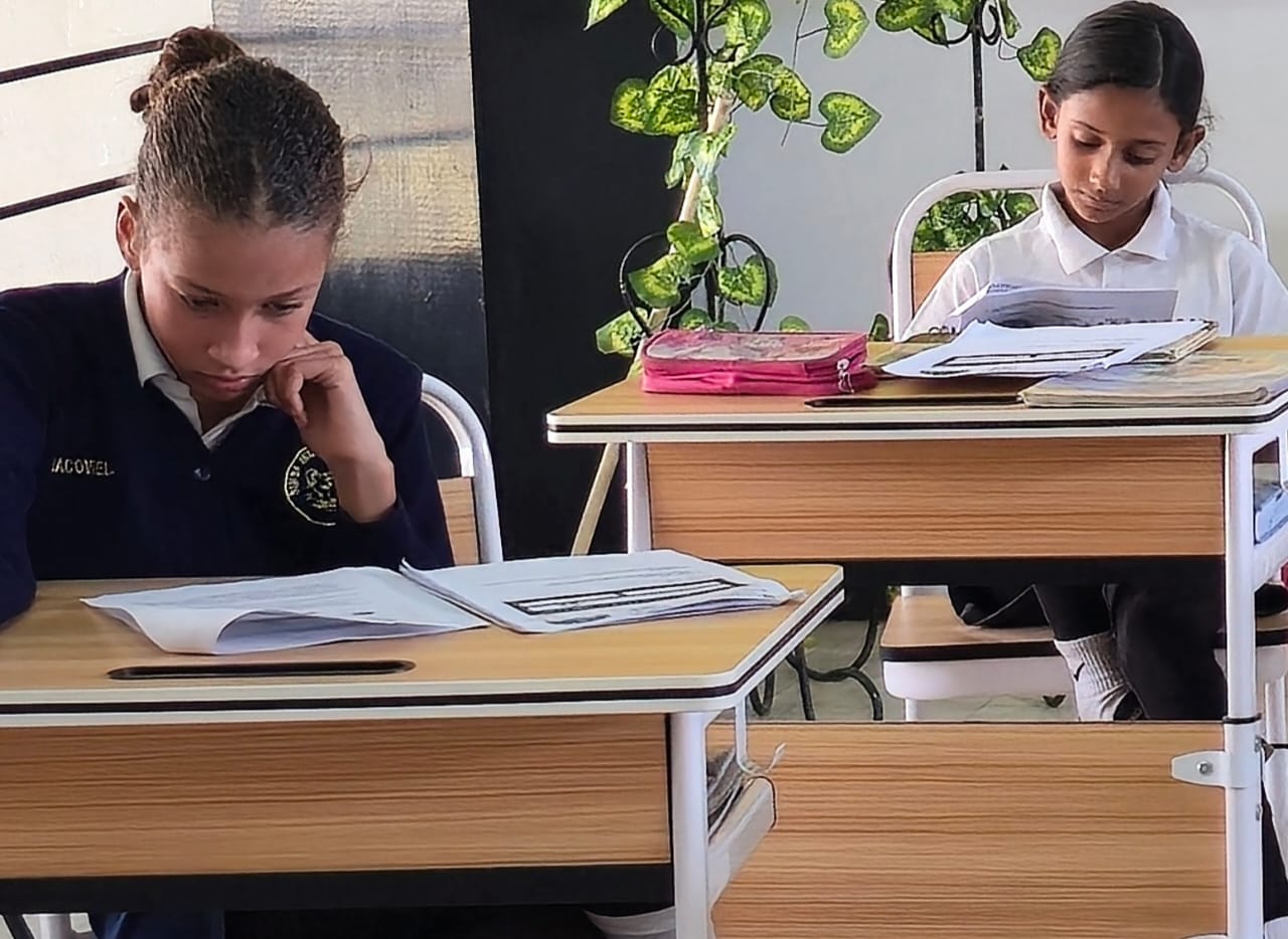 Two primary pupils focused on reading in class