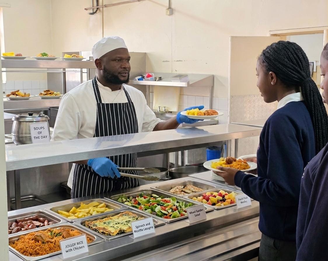 Chef serving boarders hot meals at the Tau House servery