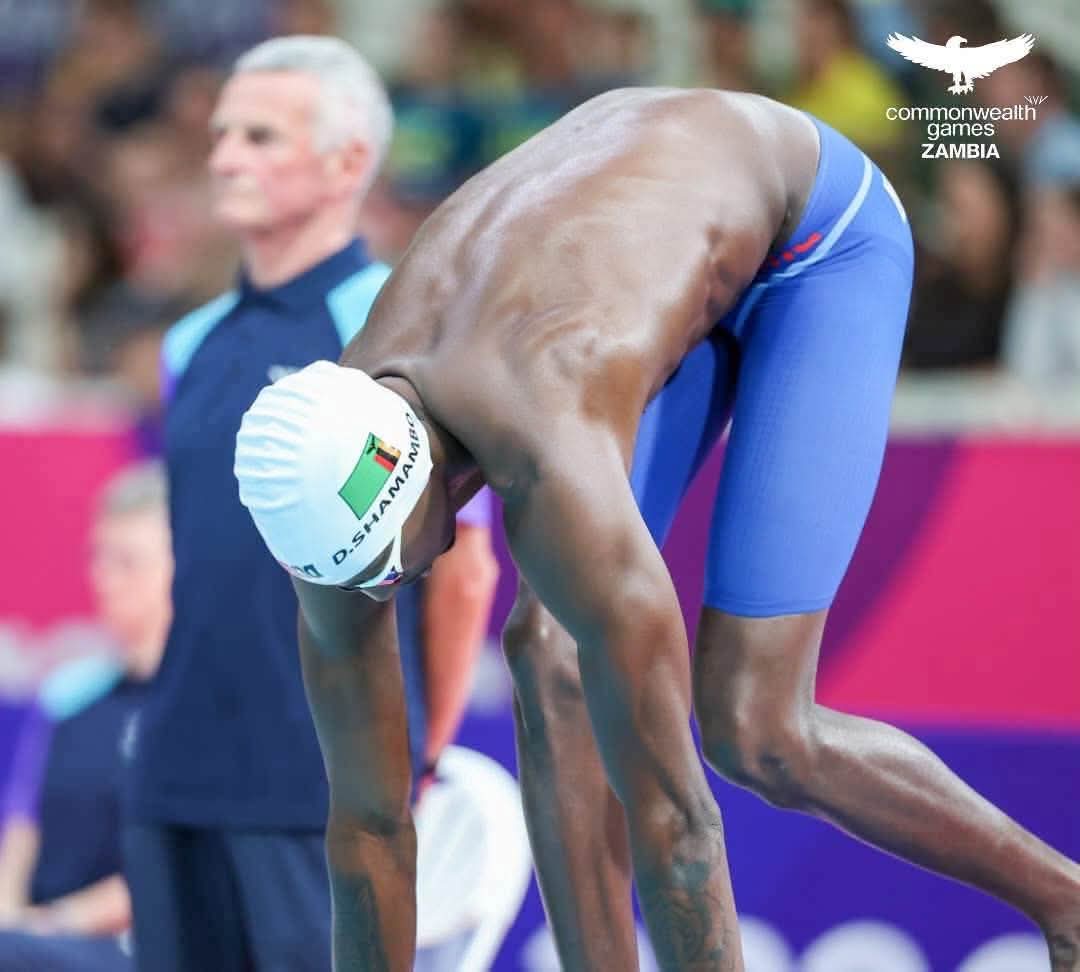 Simba alumnus Damien Shamambo on the blocks representing Zambia at the Commonwealth Games