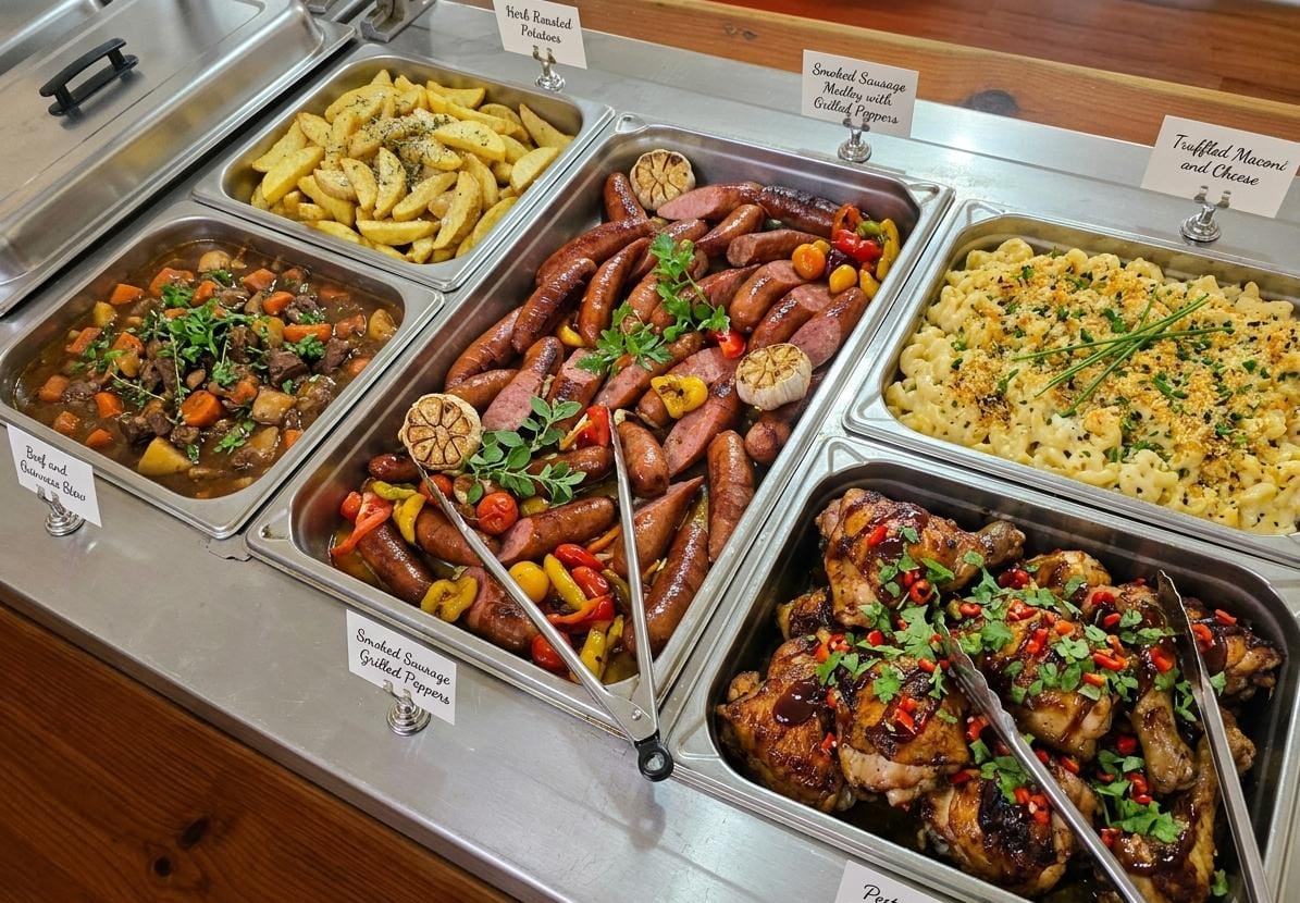 Buffet service with hot meals at the Tau House dining hall